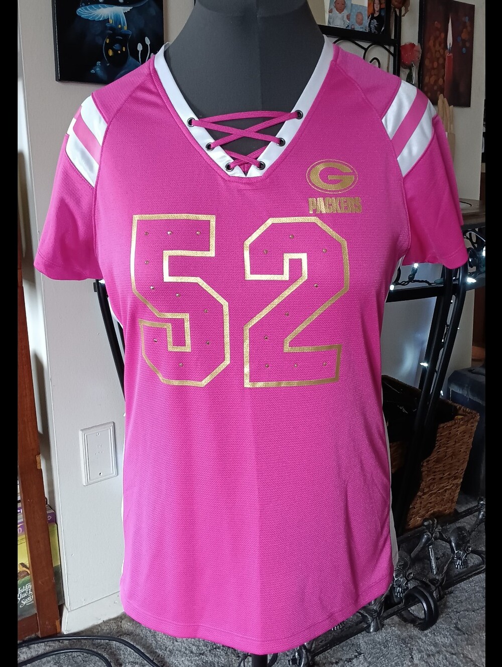 🩷 NWOT Green Bay Packers Clay Matthews Pink Gold Jersey XL Womens NFL Sequins